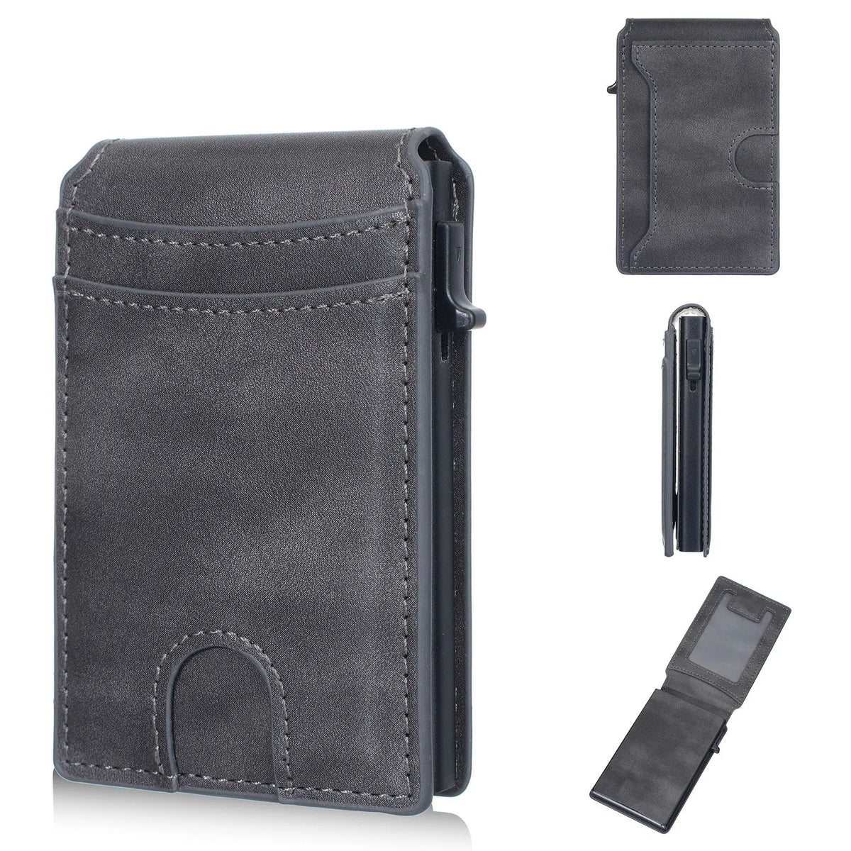 A dark gray men's PU leather RFID blocking card holder wallet shown in various forms.