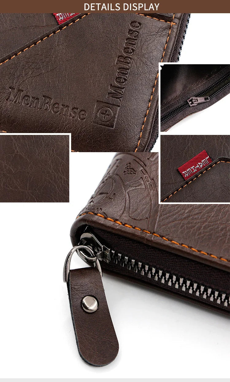 Close-up of a dark brown PU leather wallet showing stitching, a coin pocket, and a leather tag.