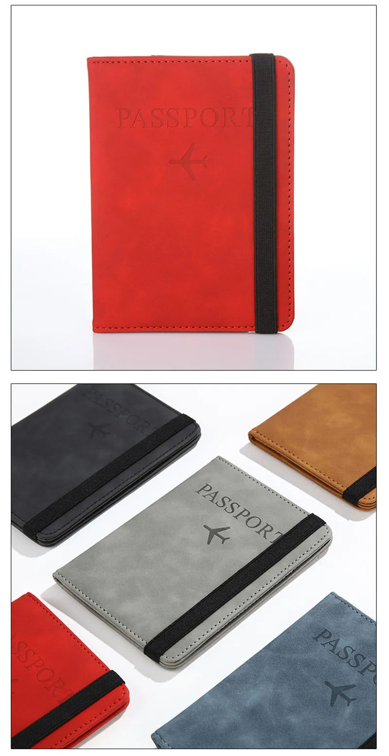 A collection of leather passport organizers in red, black, and gray featuring RFID blocking features.