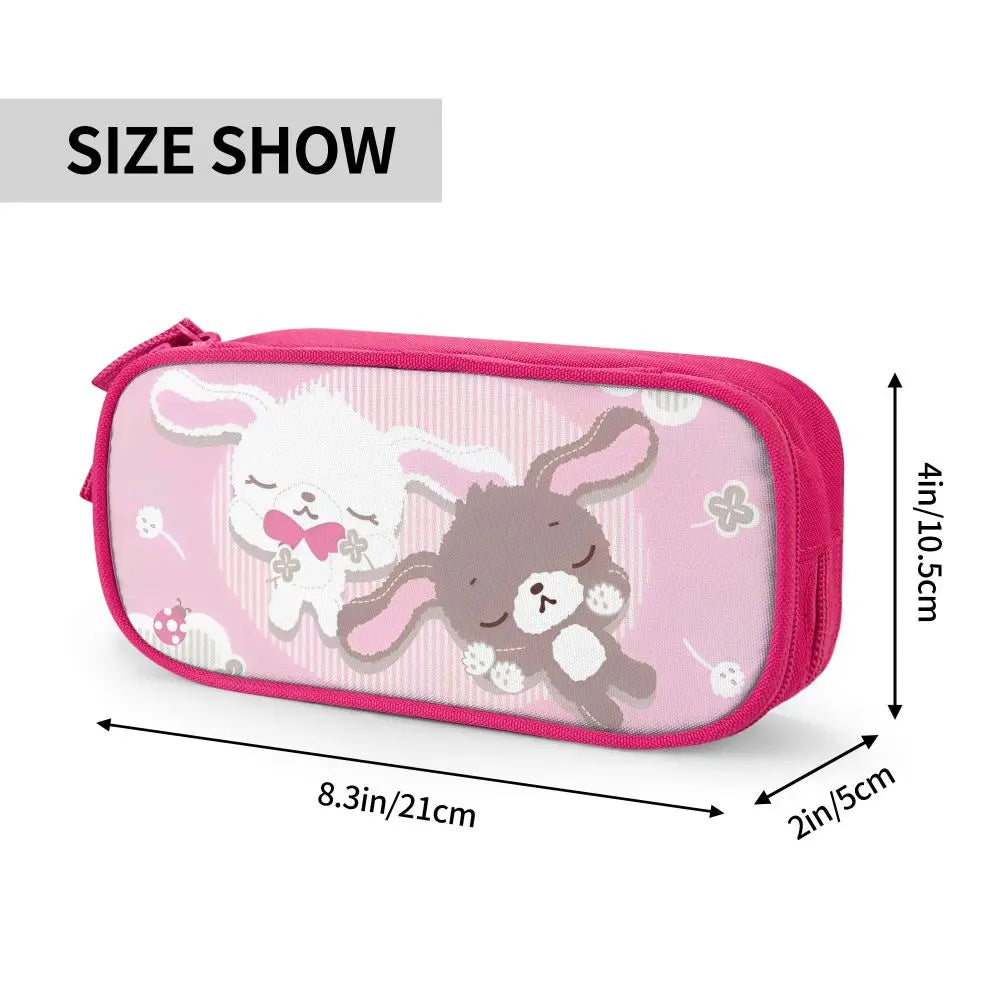Pink zippered pencil case featuring a cute bunny design for school supplies.