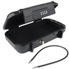 A black portable travel lock box with a lid open, showing the interior and an attached cable.