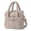 A beige quilted insulated lunch bag with carrying handles and zippered compartments.