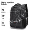 Black water repellent fabric laptop backpack shown with water droplets on a white background.