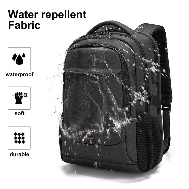 Black water repellent fabric laptop backpack shown with water droplets on a white background.
