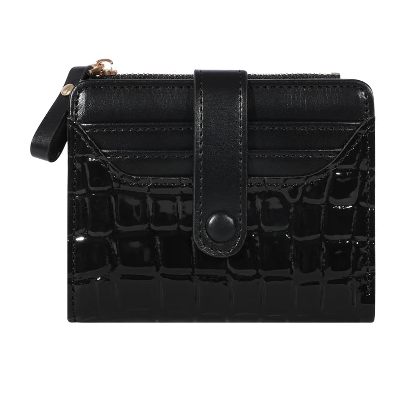 Black crocodile embossed PU leather card wallet with a flap and double zip closure
