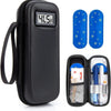 Black insulin cooler travel case with a digital thermometer and two blue ice packs.