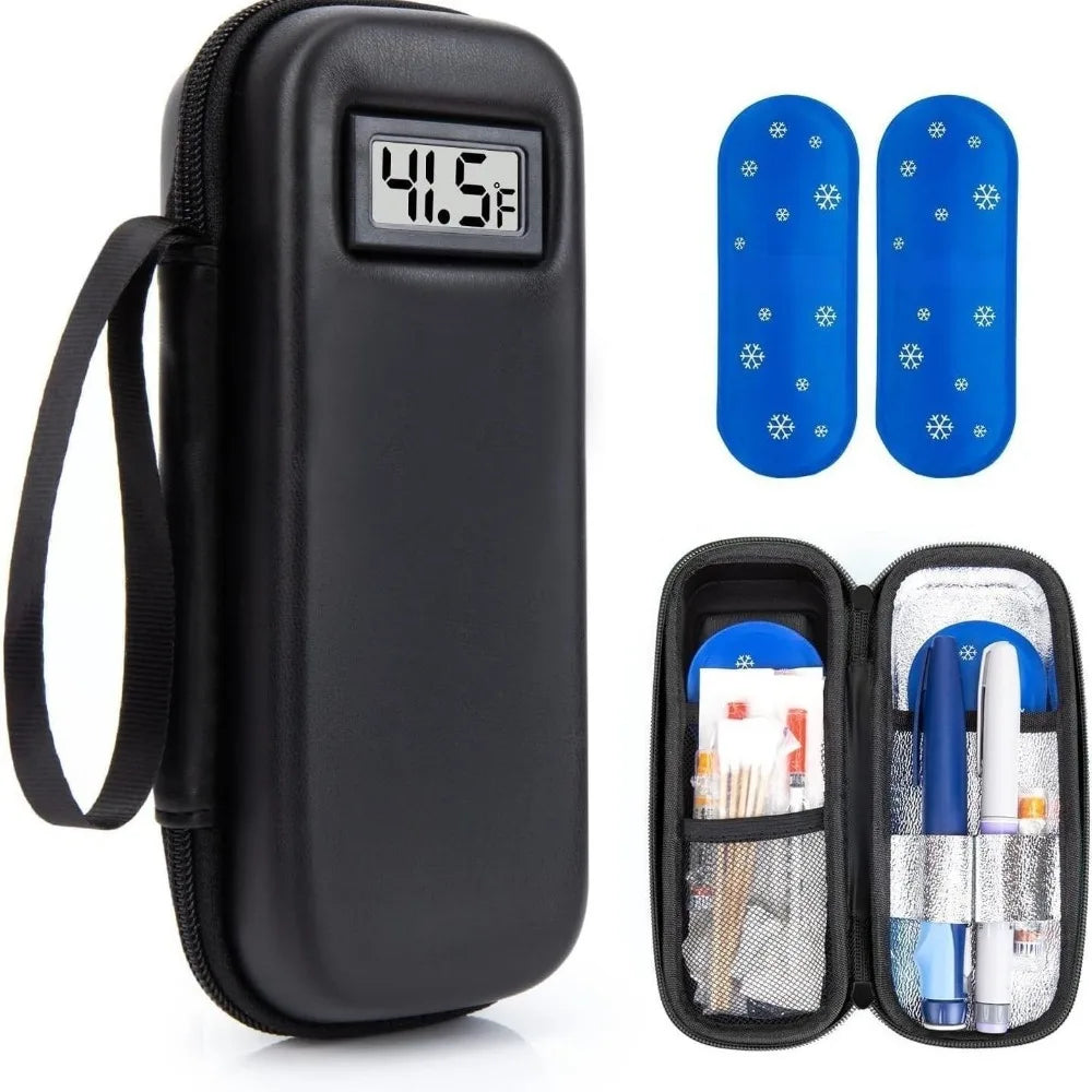 Black insulin cooler travel case with a digital thermometer and two blue ice packs.