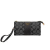 A black and gray patterned faux leather mini crossbody bag with gold hardware.