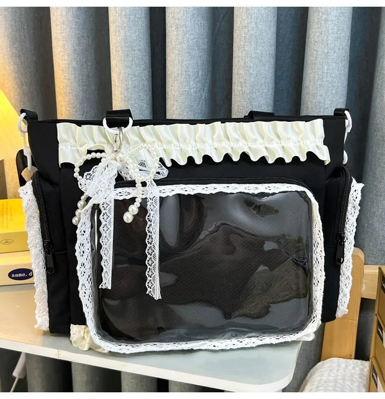Bolso cruz Y2K de encaje blanco y negro con frente de plástico transparente