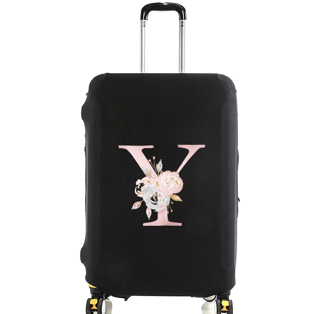 Black luggage protector cover featuring a pink floral letter Y design.