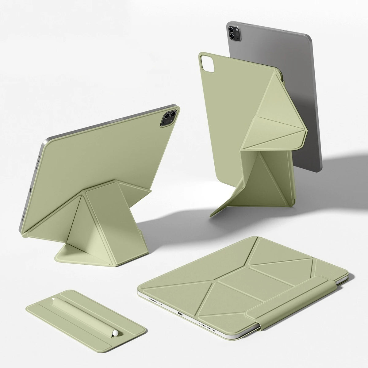 Helles grünes magnetisches Smart-Etui für ein iPad in verschiedenen Winkeln und Konfigurationen.