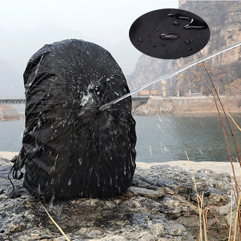Black heavy-duty outdoor camping backpack rain cover with a circular attachment plate