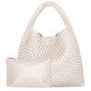 A beige handwoven faux leather tote bag and matching clutch displayed against a white background.