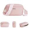 A pink leather zipper shoulder bag with a chevron patterned strap and gold hardware.