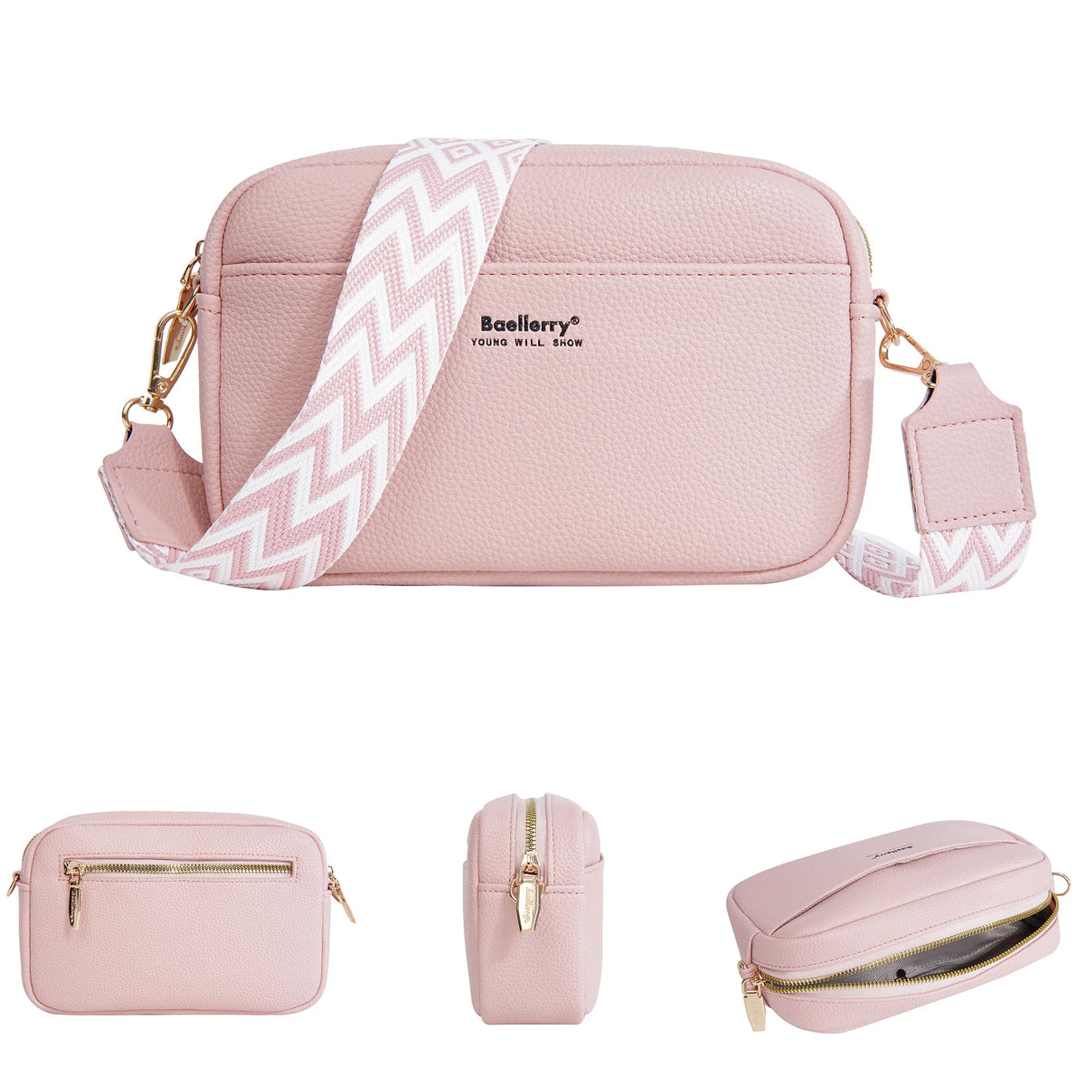 A pink leather zipper shoulder bag with a chevron patterned strap and gold hardware.