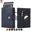 A dark blue leather wallet with a zipper and an Airtag slot, shown next to RFID cards.