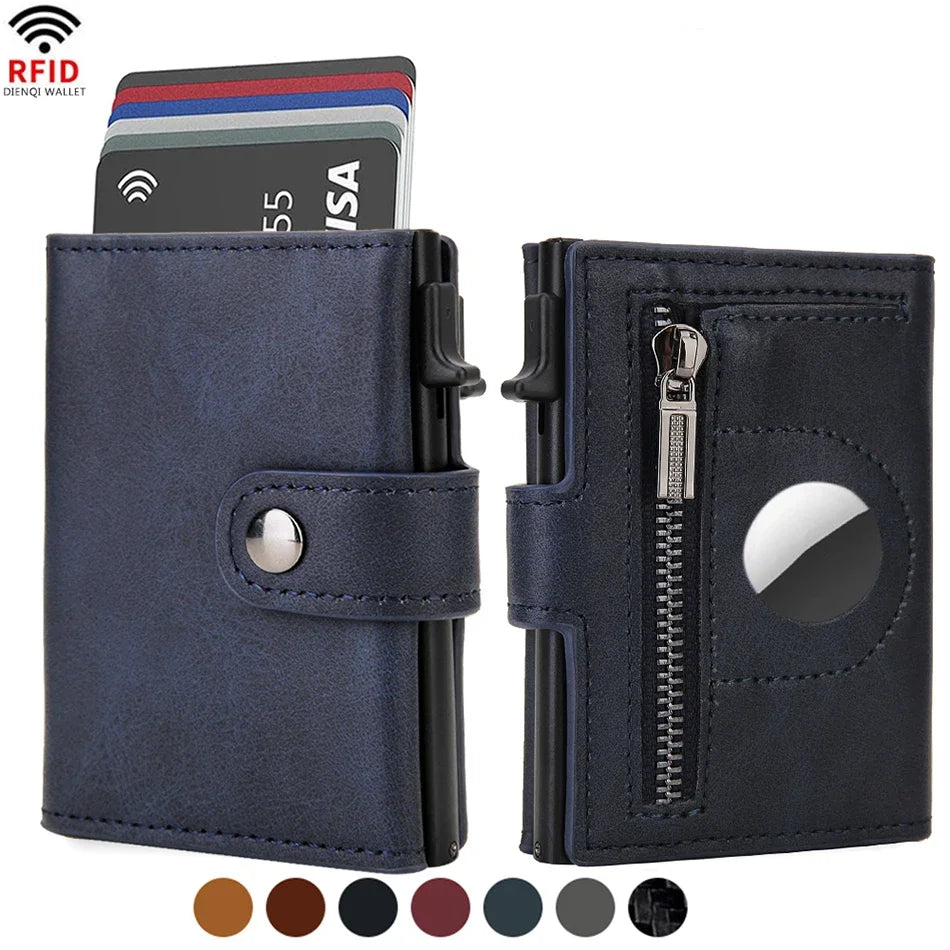 A dark blue leather wallet with a zipper and an Airtag slot, shown next to RFID cards.