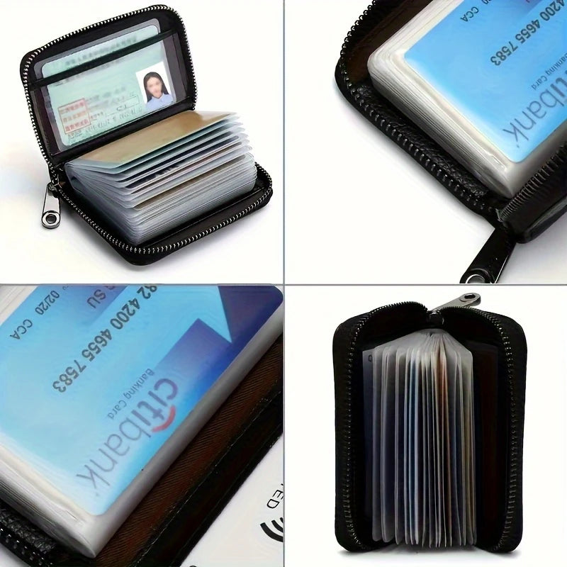A black zippered card holder wallet containing several bank cards and a blue credit card.