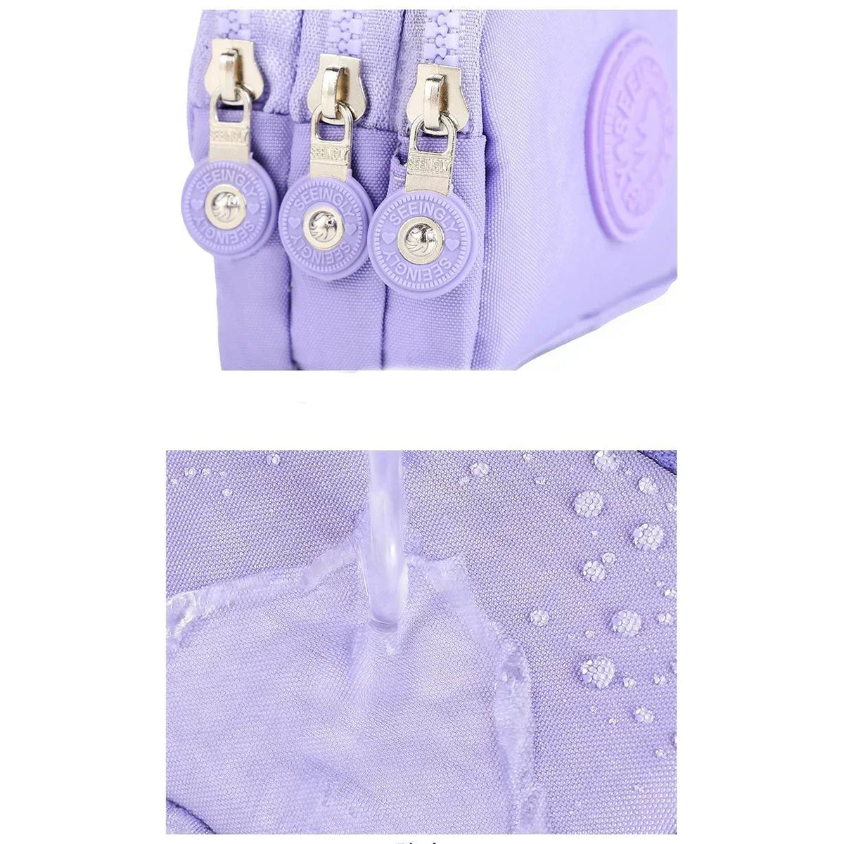 A close-up view of a purple compact three-layer nylon zipper pouch with gold-toned hardware and white embroidered details.