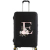 Black luggage with a pink floral design featuring the letter E