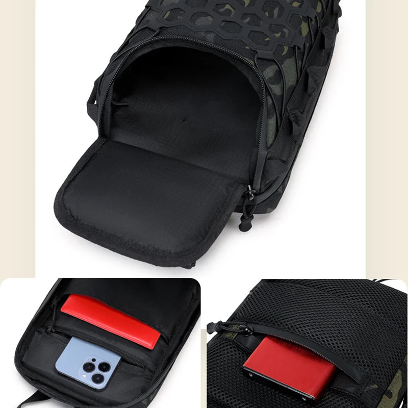 A tactical multi-pocket sling bag in black camouflage fabric with a red accent.