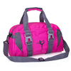 A bright pink and gray water-resistant travel duffel bag with padded straps.