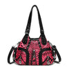 A pink leopard print PU leather tote bag with a black adjustable strap.