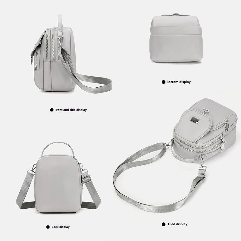 Sac bandoulière floral gris clair et durable, montré sous différents angles de présentation.