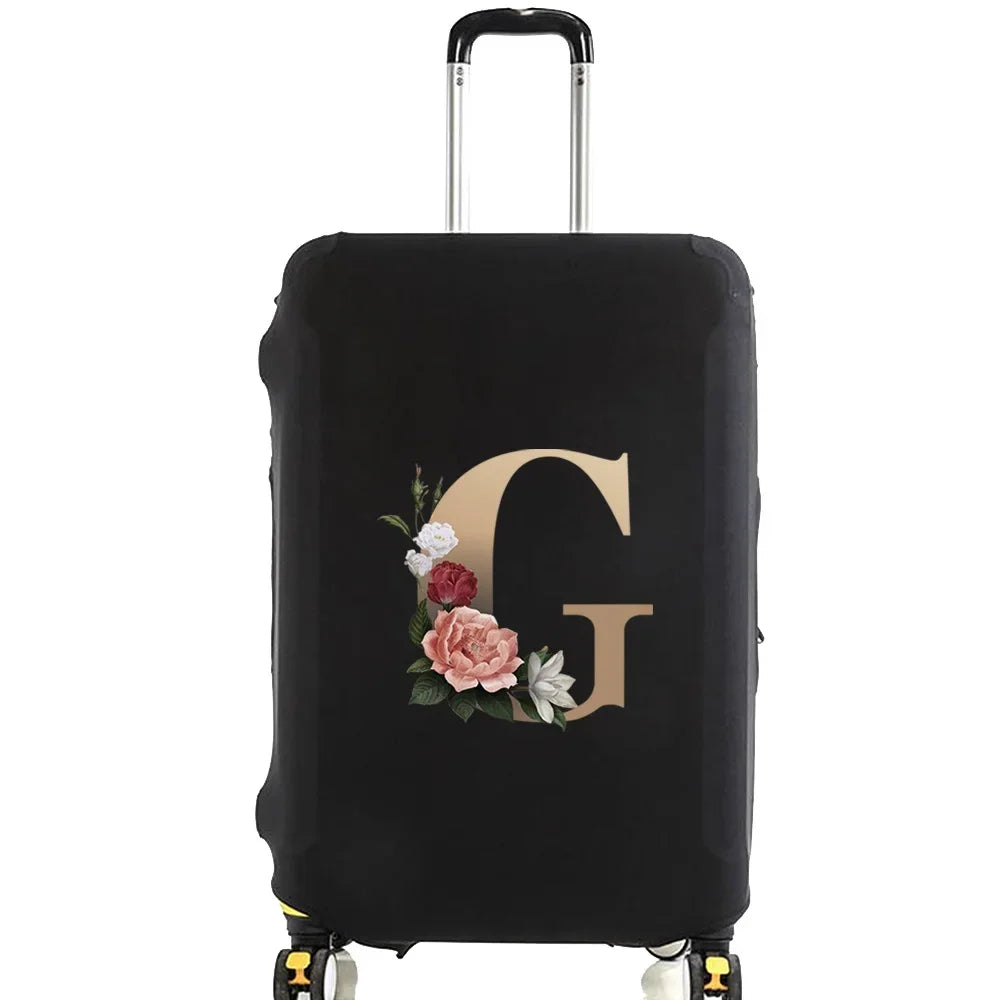 Black premium elastic luggage protective cover with a gold initial G design