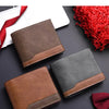A display of retro PU leather men's wallets in brown and gray colors with a red accent.