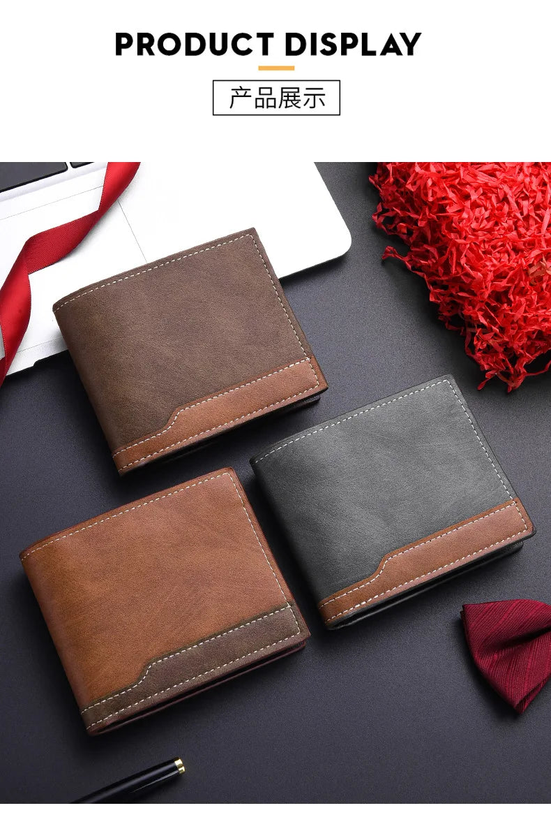 A display of retro PU leather men's wallets in brown and gray colors with a red accent.