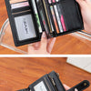 A close-up display of a black leather trifold clutch wallet and a brown leather bi-fold wallet.