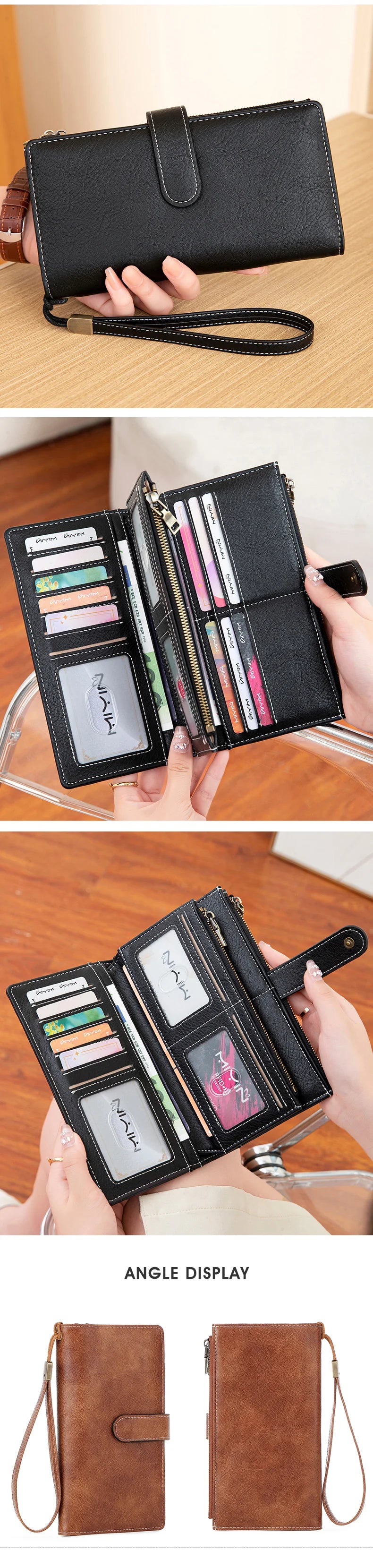 A close-up display of a black leather trifold clutch wallet and a brown leather bi-fold wallet.