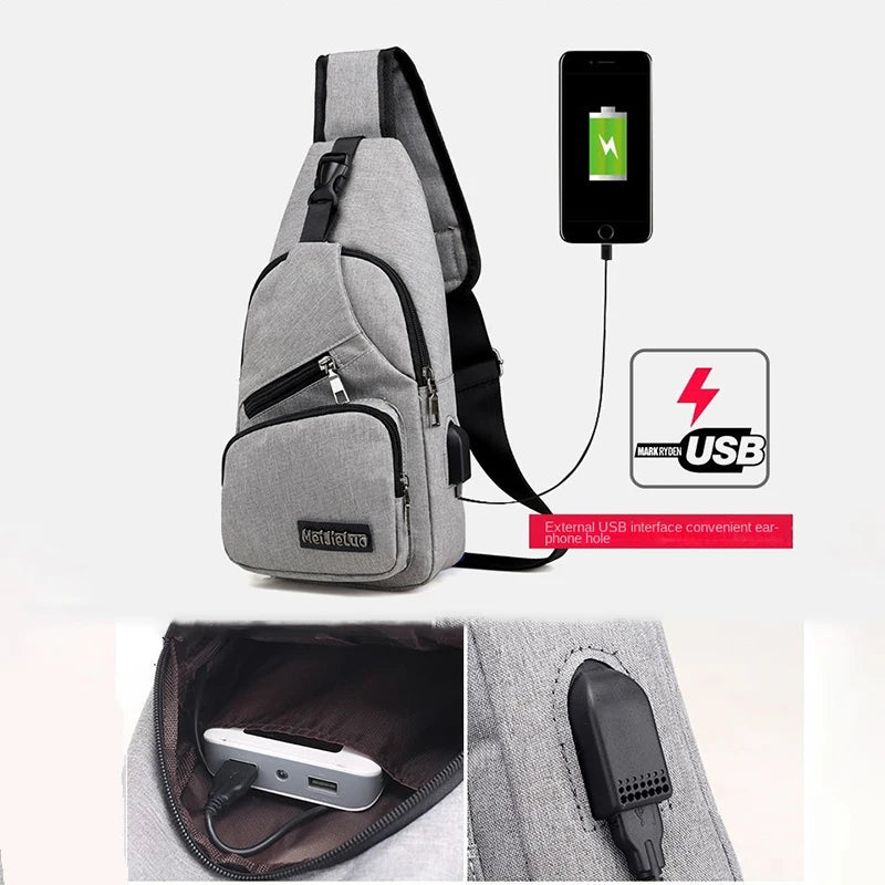 حقيبة كروسية رجالية رمادية مع واجهة USB خارجية للهاتف.