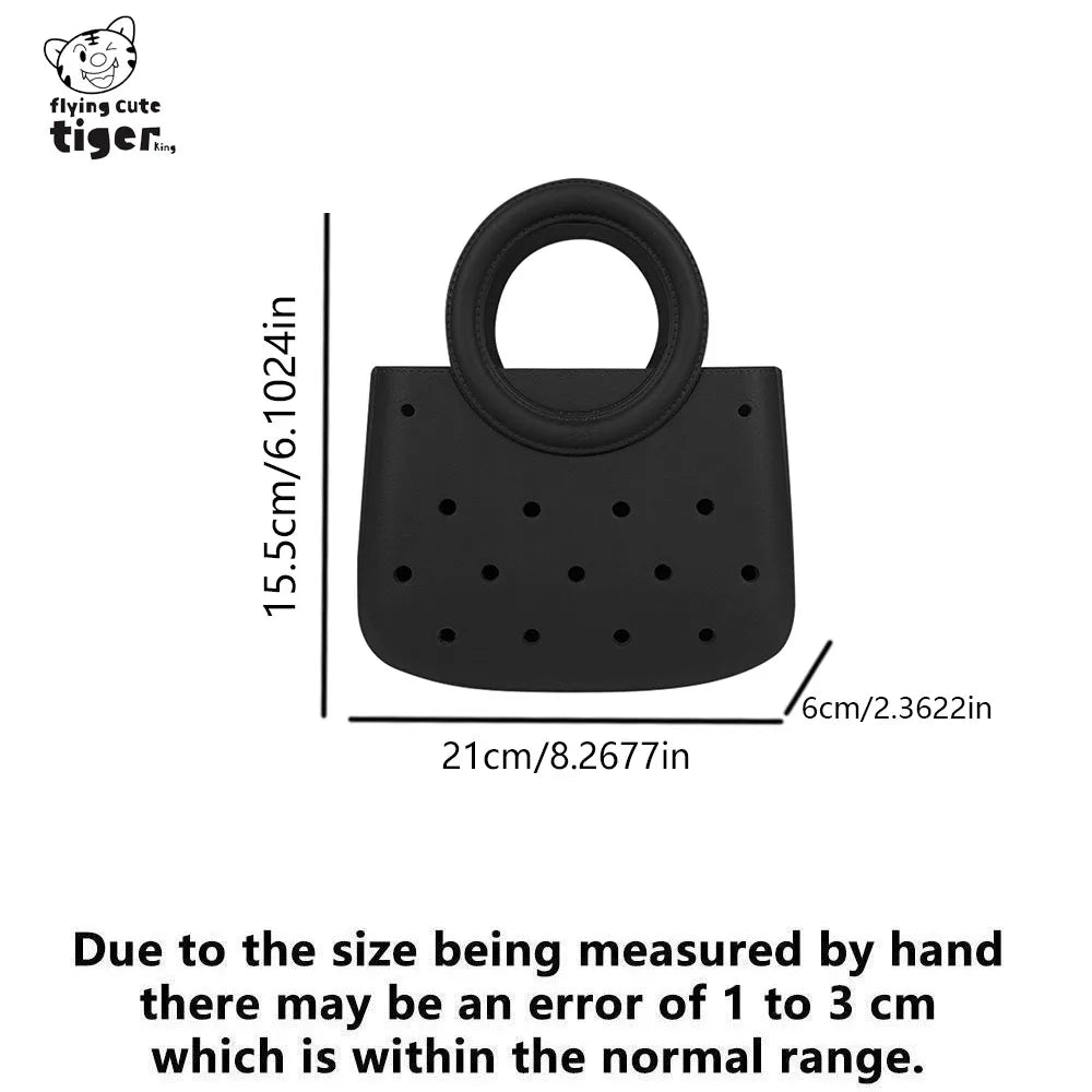 Black round PVC handbag with a DIY hole design