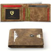 A brown leather card holder with a geometric design showing a card slot and a small leather pouch.