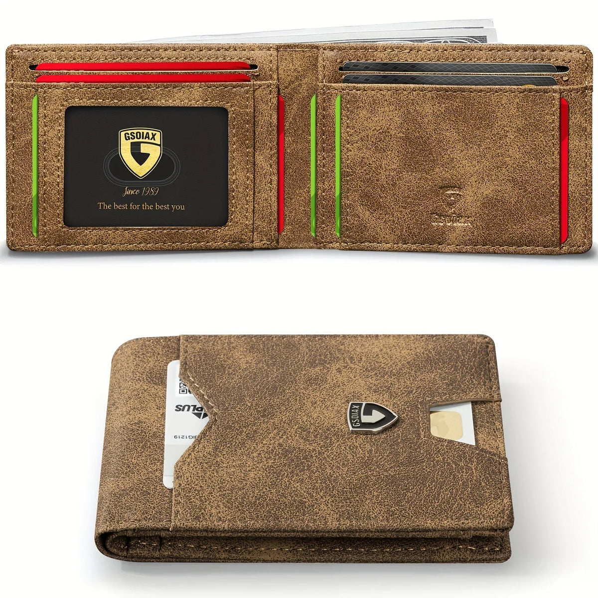 A brown leather card holder with a geometric design showing a card slot and a small leather pouch.