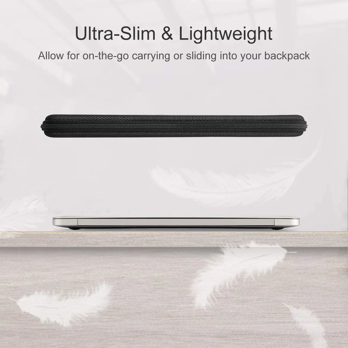 A black durable laptop sleeve is shown next to a silver laptop, designed for on-the-go carrying.