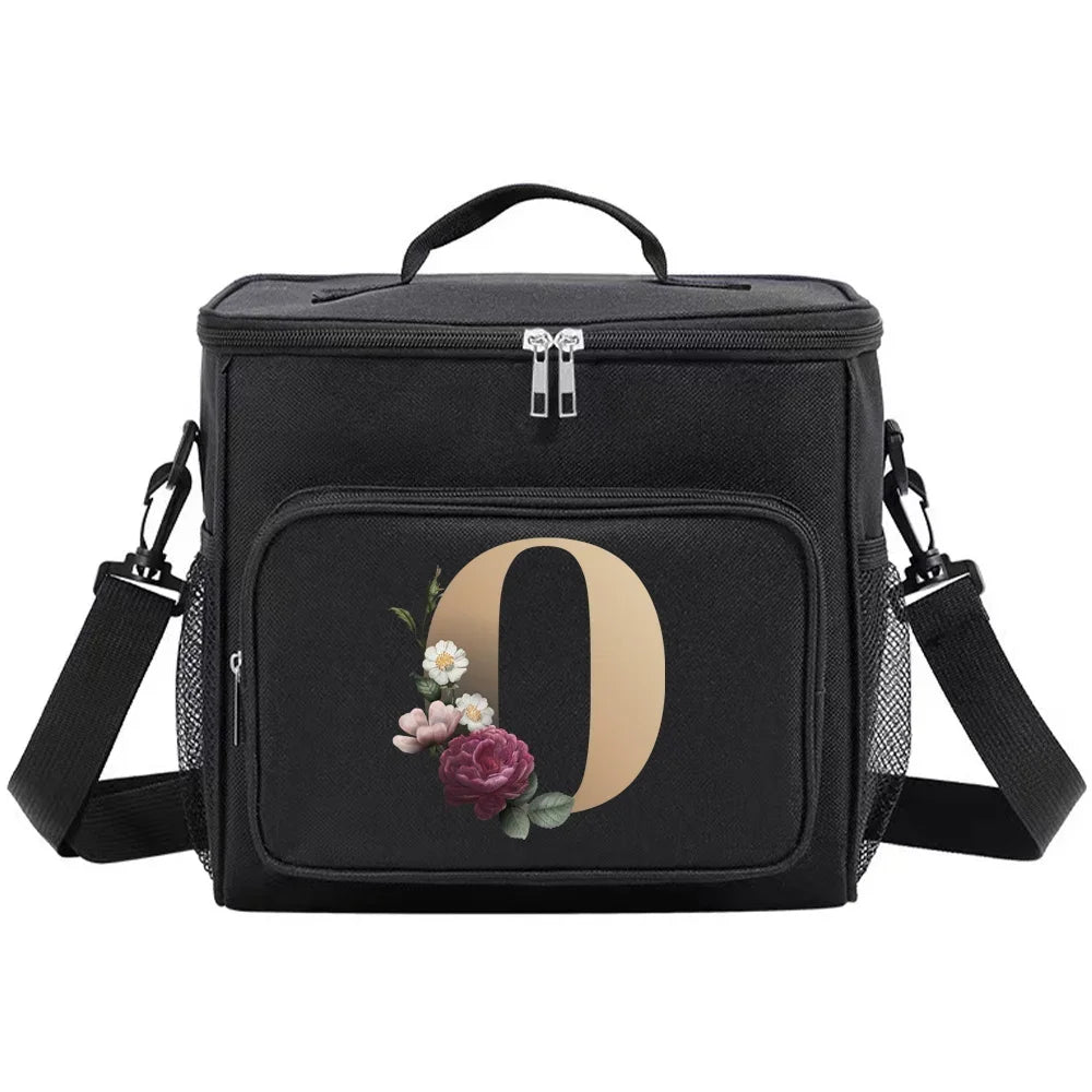 Black insulated canvas lunch bag with dual handles featuring a large olive green number zero design.