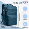 A teal travel compression backpack shown with various features like a 11-inch pad, camera compartment, and headphone storage.