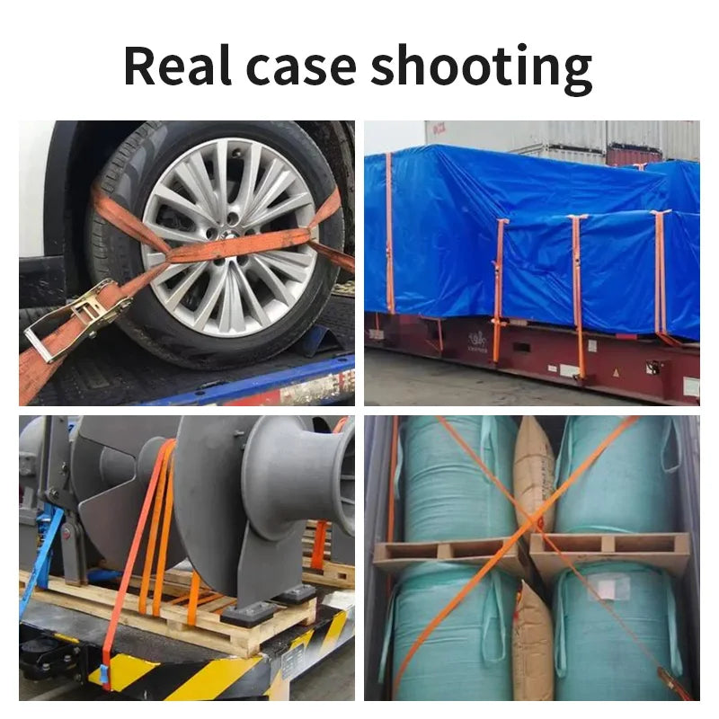 Close-up of a heavy-duty ratchet strap securing a tire to a rack, demonstrating real case shooting.