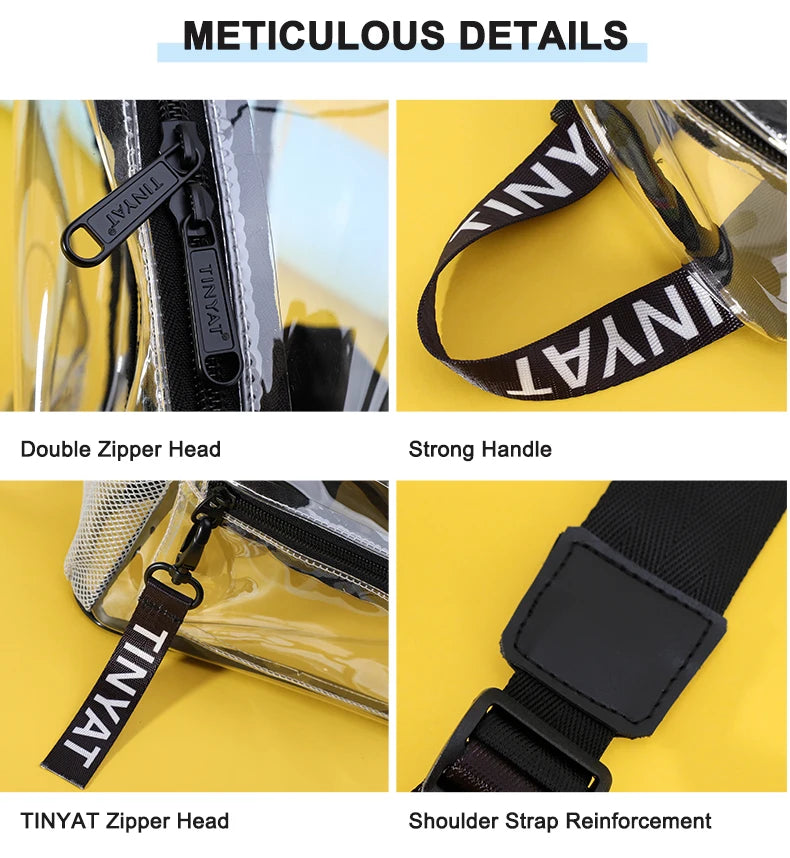 Close-up details of a clear capacity backpack showing the zipper head, strong handle, and shoulder strap reinforcement.