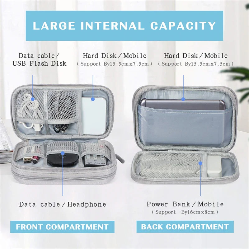 A gray waterproof cable organizer storage bag showing front and back compartments for data cables, hard disks, headphones, an