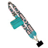A teal phone lanyard featuring a patterned strap and a detachable leather wallet.
