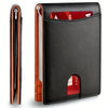 A black slim synthetic leather bifold wallet with a red card slot visible.