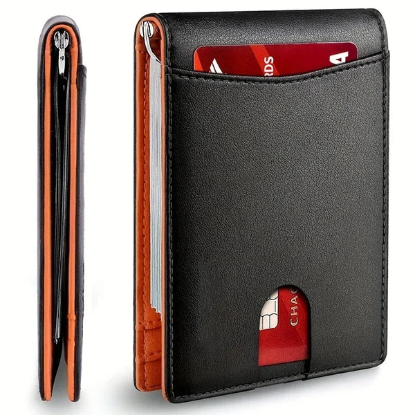 A black slim synthetic leather bifold wallet with a red card slot visible.