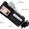 Black PU leather bifold wallet featuring cash compartment, photo compartment, card slots, and a zipper coin bag.