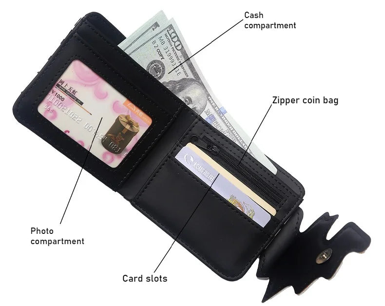 Black PU leather bifold wallet featuring cash compartment, photo compartment, card slots, and a zipper coin bag.
