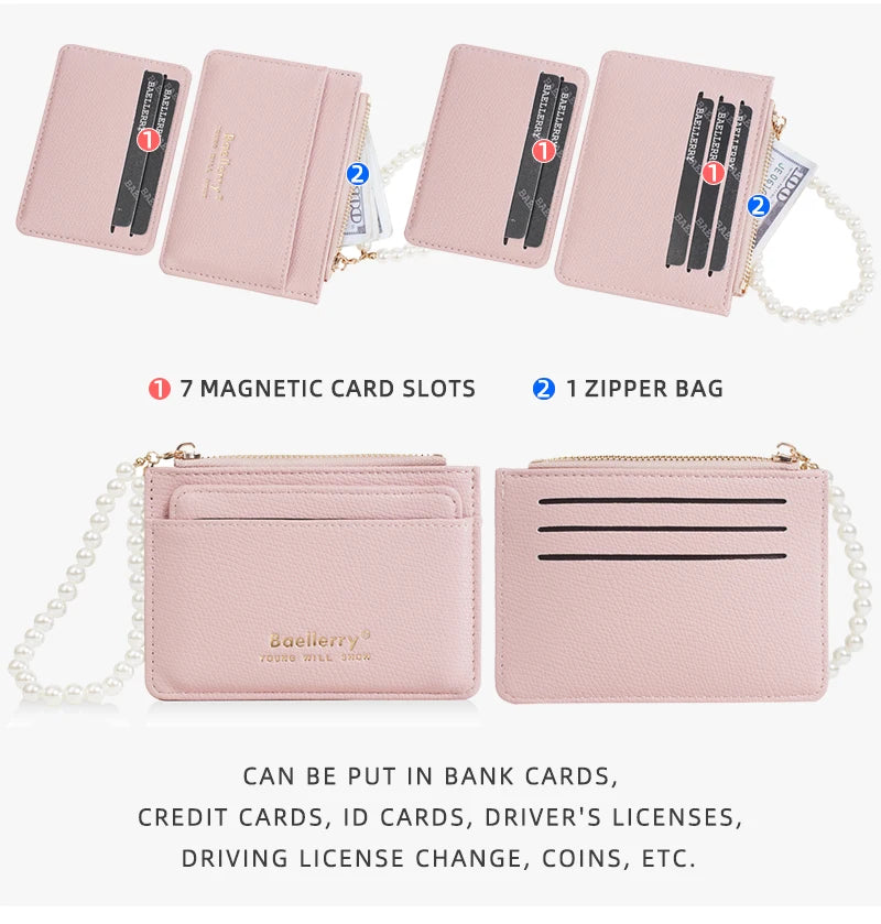 Rosa Leder-Karteikarten-Wallet mit sieben Magnetfächern und einem Reißverschlussbeutel, gezeigt neben verschiedenen Karten.