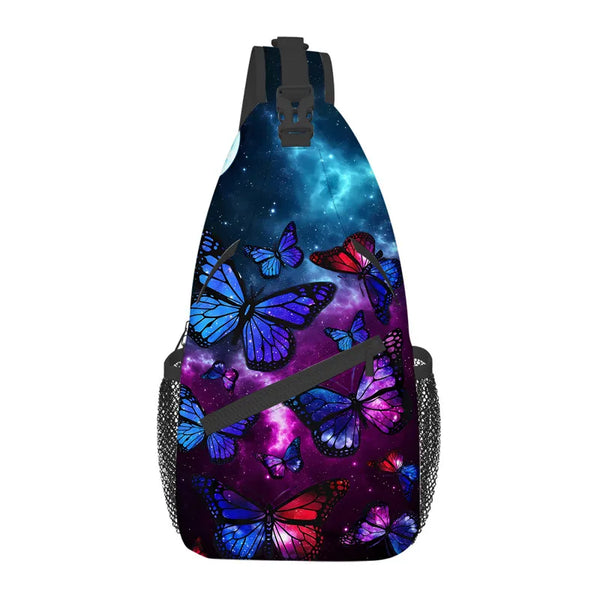 A purple and blue butterfly cartoon crossbody chest bag with a black strap.